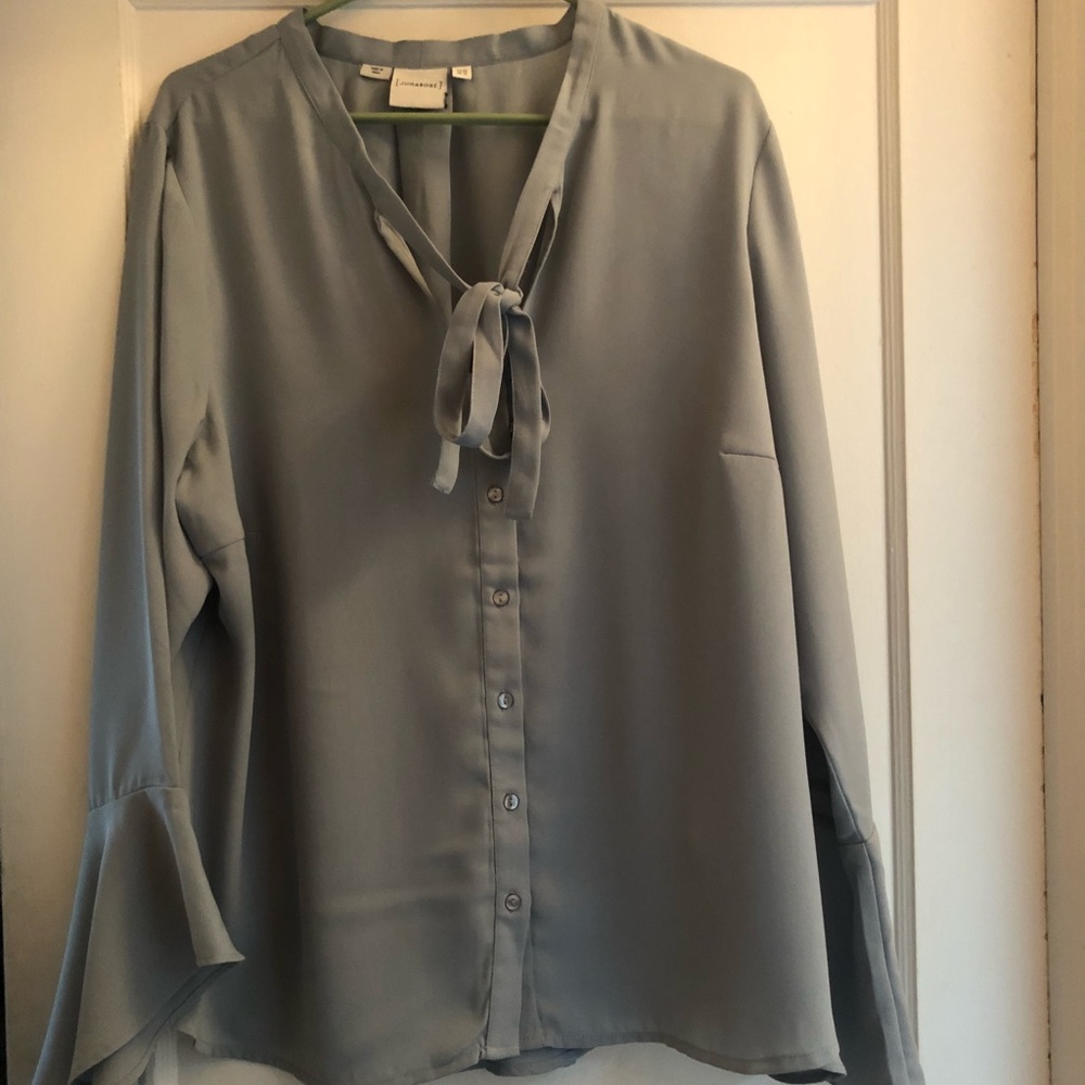 Dusty Blue blouse with tie bow